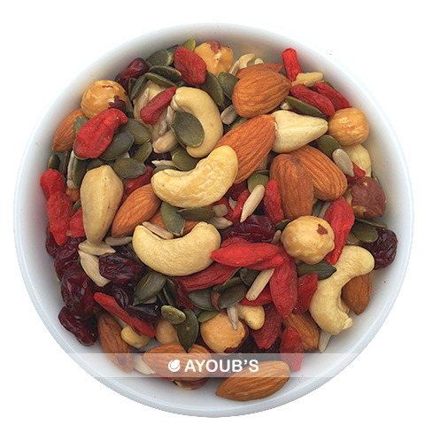 Raw foods mix of almonds, cashews, goji, cranberries, hazelnuts, sunflower and pumpkin seeds
